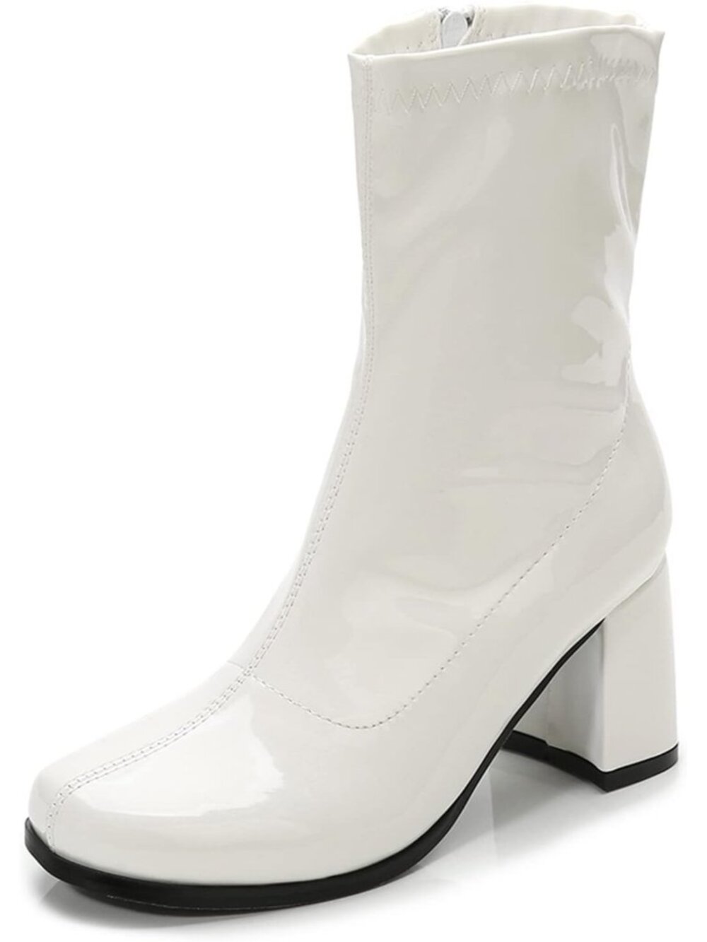 🆕Women's White Patent Gogo Boots Square Toe Chunky Block Heel Shoes